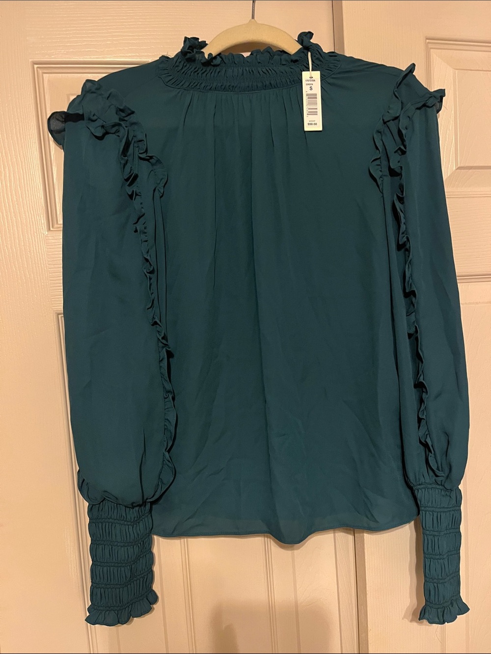 Max Studio Teal Ruffle Smocked-Neck Long Sleeve Blouse